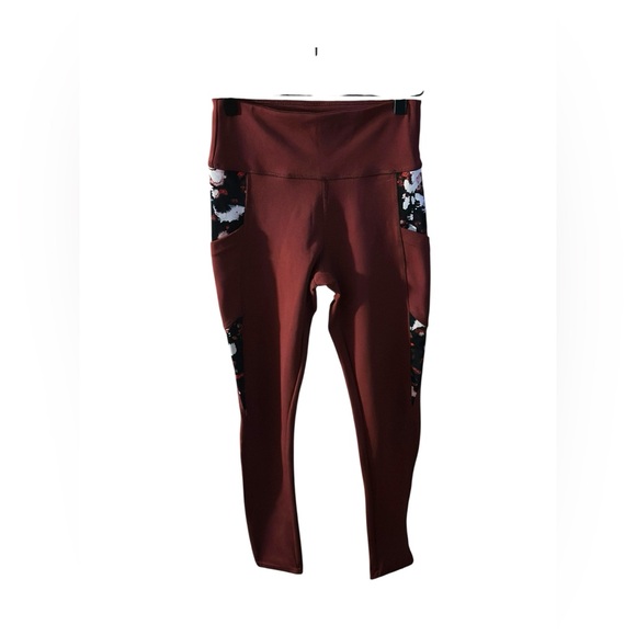 BSP | High-Waist Maroon Pocket Leggings with Floral Panels | Size Small - Picture 11 of 14